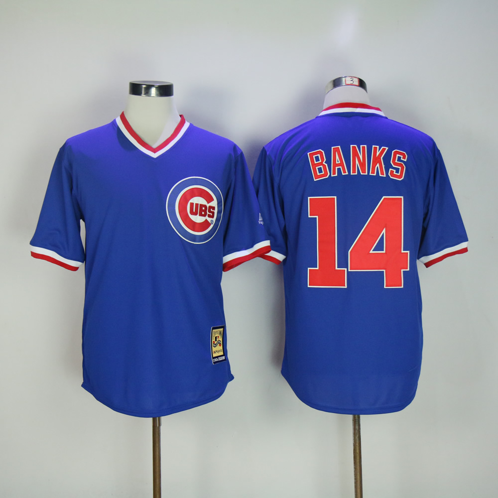 Men Chicago Cubs 14 Banks Blue Throwback MLB Jerseys